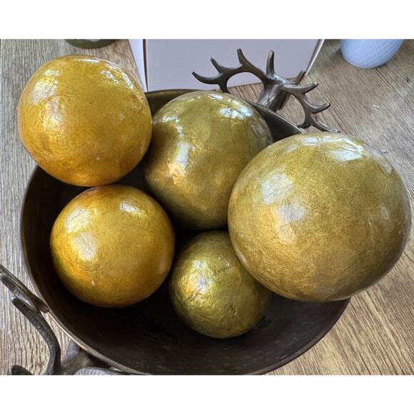 Decorative Set of 5 Spheres Balls Orbs. Shades Of Yellow Green Gold. Glossy - Picture 1 of 3